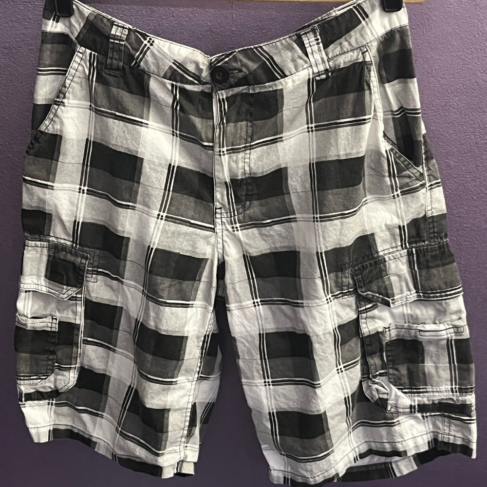 Rerun Plaid gray black white Mens cargo shorts Golf tennis walking
